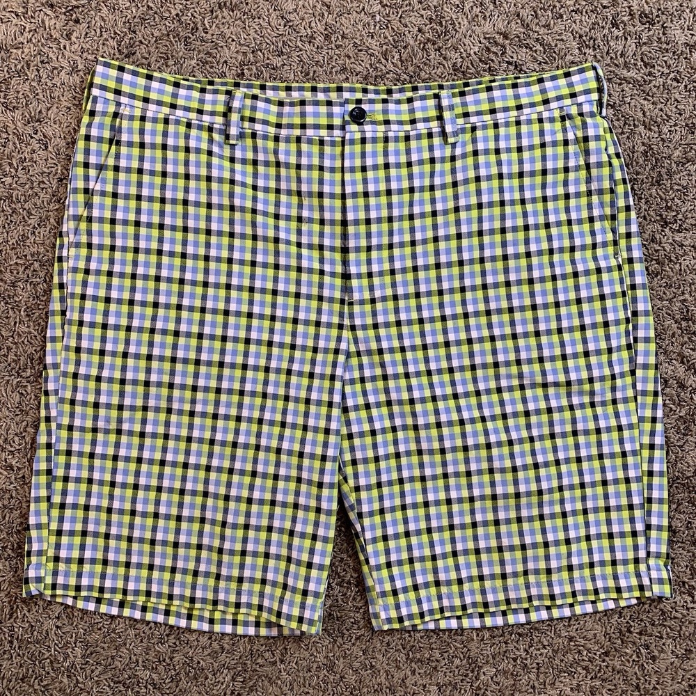 Izod Golf Shorts Mens 40 Blue Green Plaid Checkered Flat Front Chinos